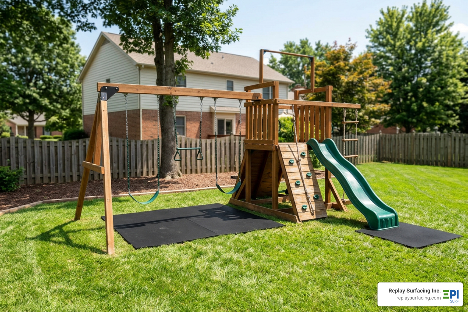 A backyard swingset with heavy-duty rubber wear mats placed strategically in high-impact areas