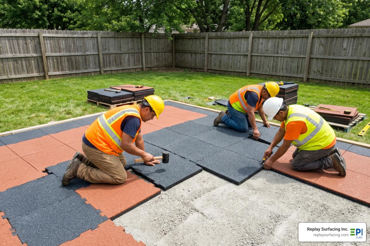 A professional team installing interlocking rubber safety tiles on a compacted aggregate base