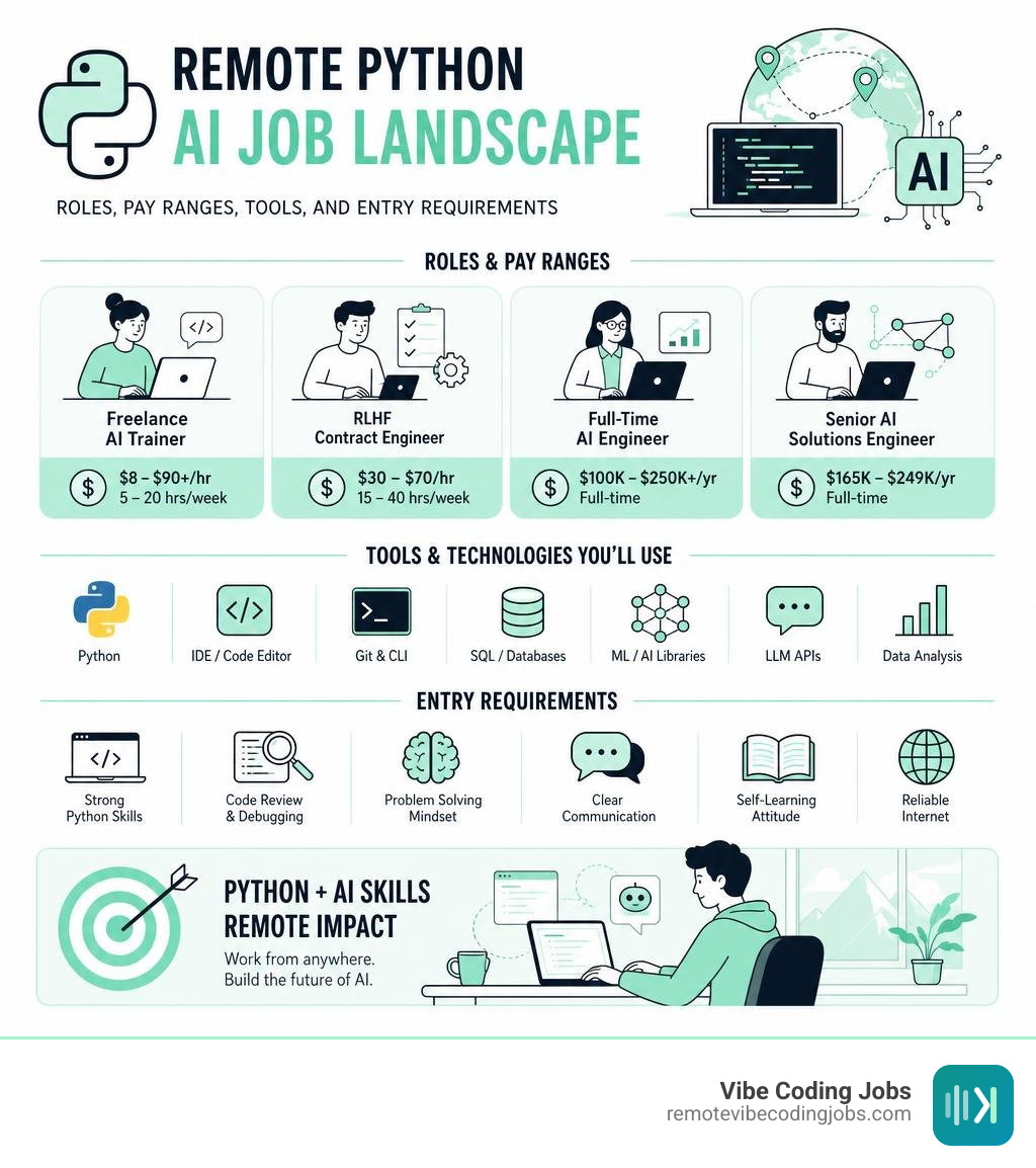 Remote Python AI job landscape: roles, pay ranges, tools, and entry requirements infographic infographic