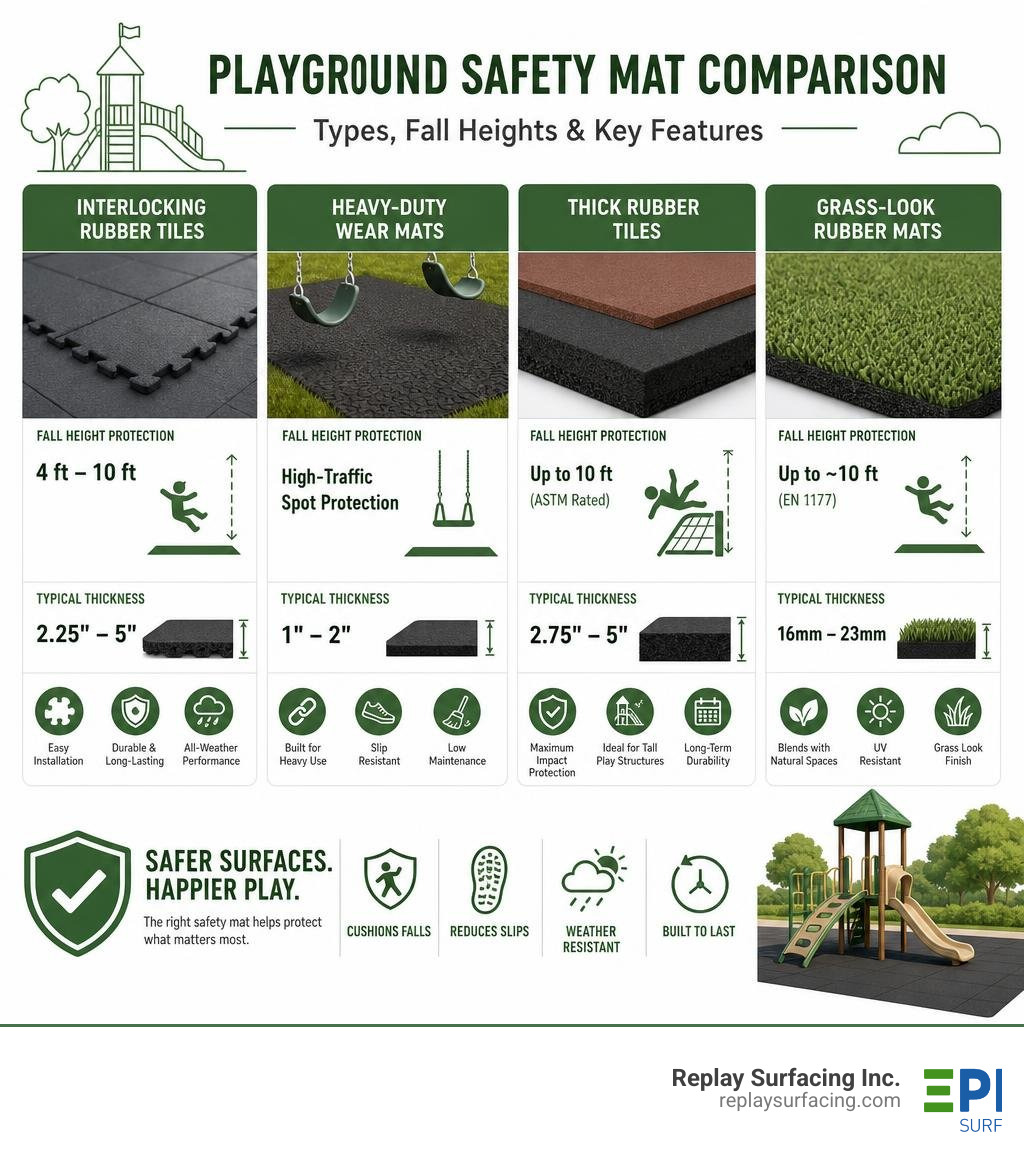 Comparison infographic of playground safety mat types, fall heights, and key features infographic