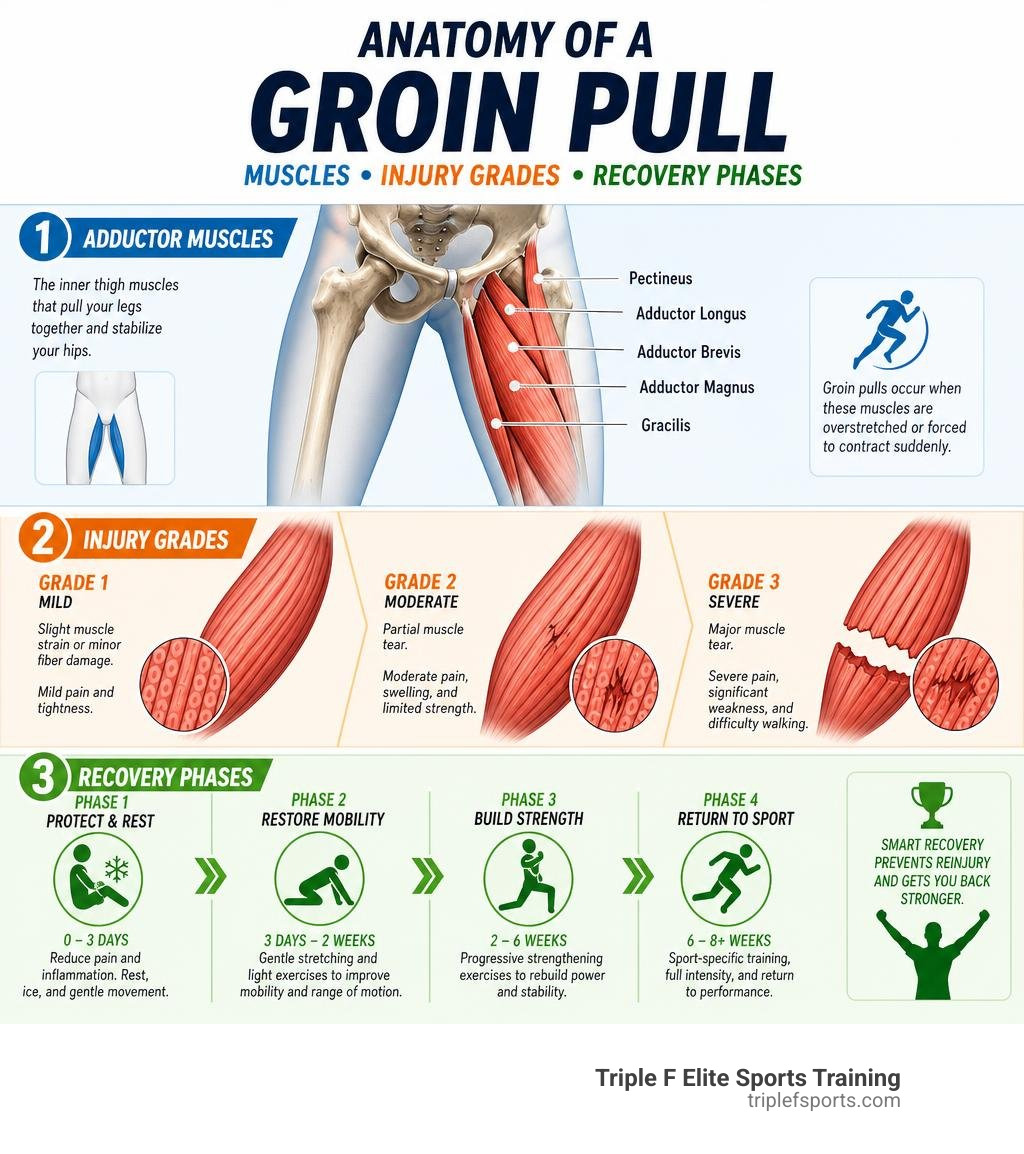 Anatomy of a groin pull showing adductor muscles, injury grades, and recovery phases infographic Anatomy of a groin pull showing adductor muscles, injury grades, and recovery phases infographic