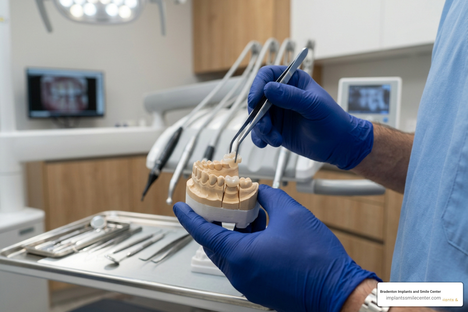 An indirect ceramic onlay being prepared for placement