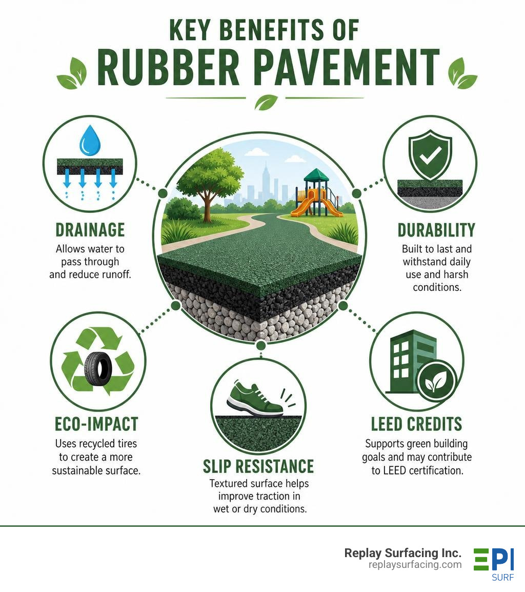 Key benefits of rubber pavement: drainage, durability, eco-impact, slip resistance, and LEED credits infographic