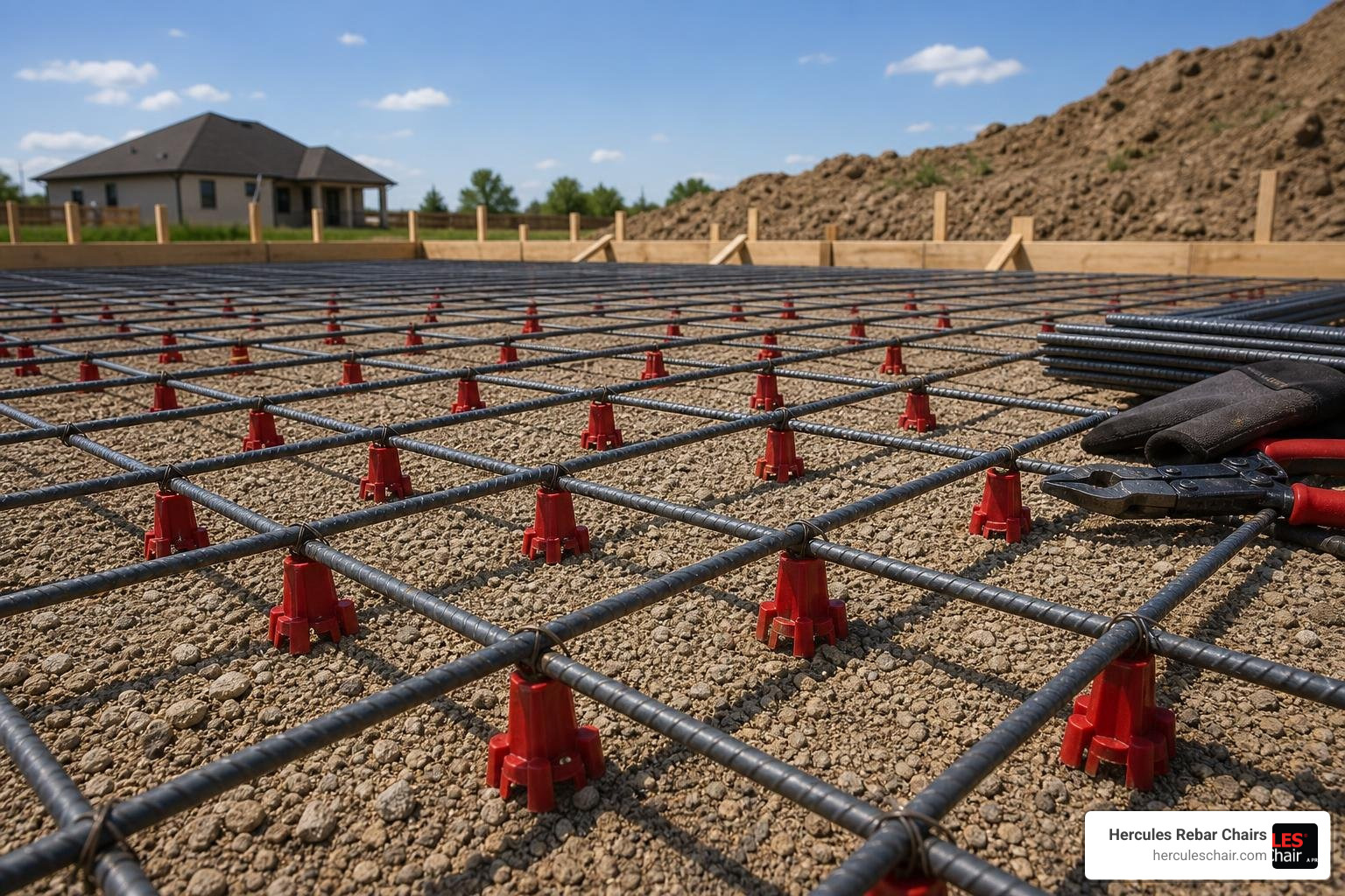 rebar supported by red Hercules rebar chairs in a slab before concrete pour