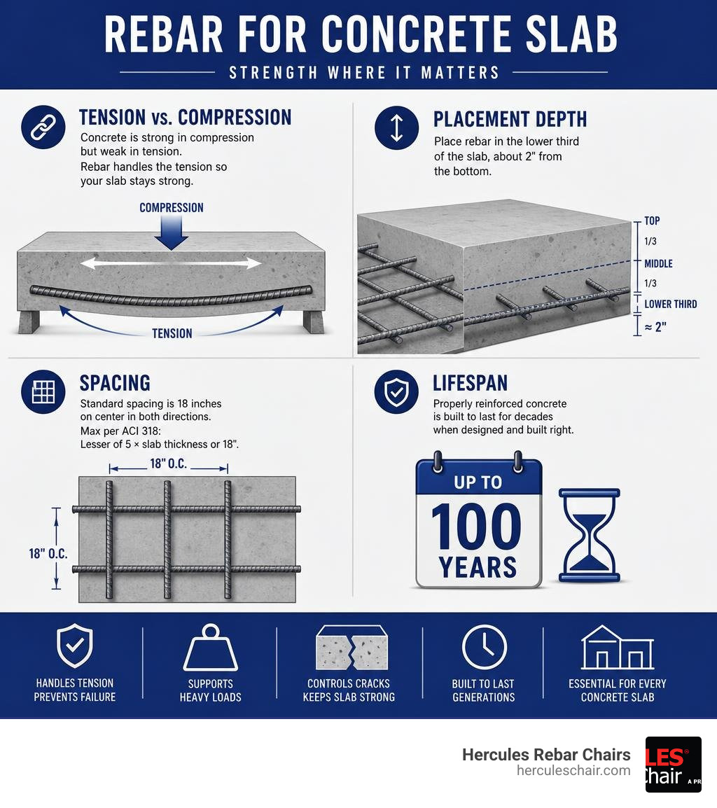 Infographic showing rebar role in concrete tension vs compression, placement depth, spacing, and lifespan infographic