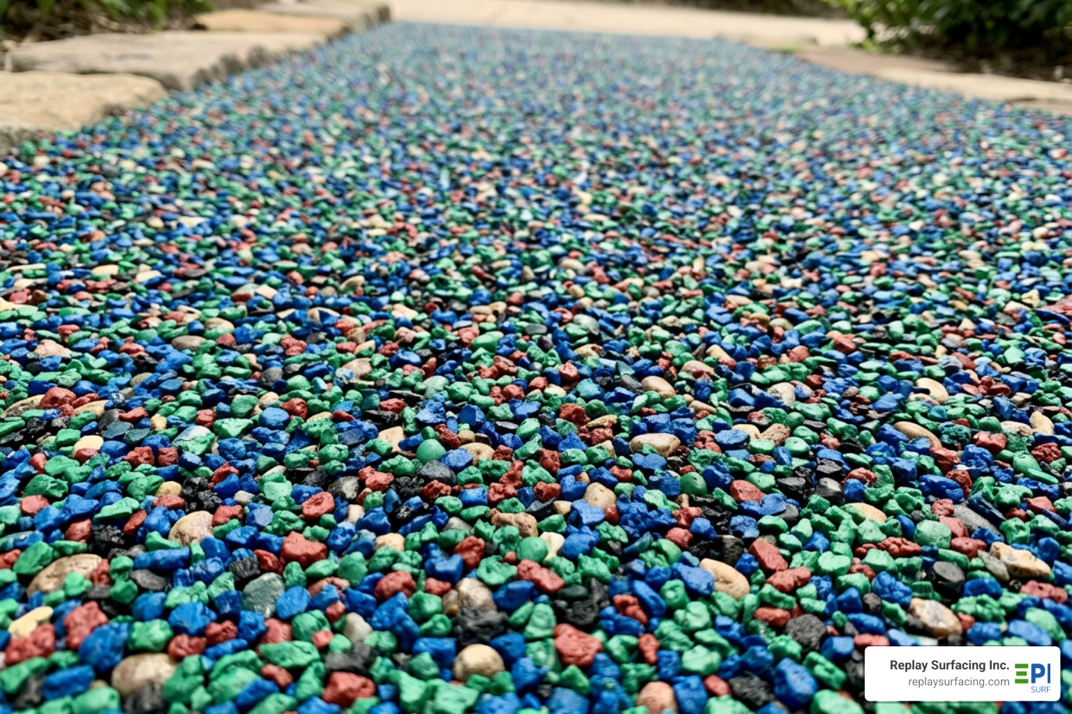 A close-up of custom color-blended rubber stones showing the textured surface