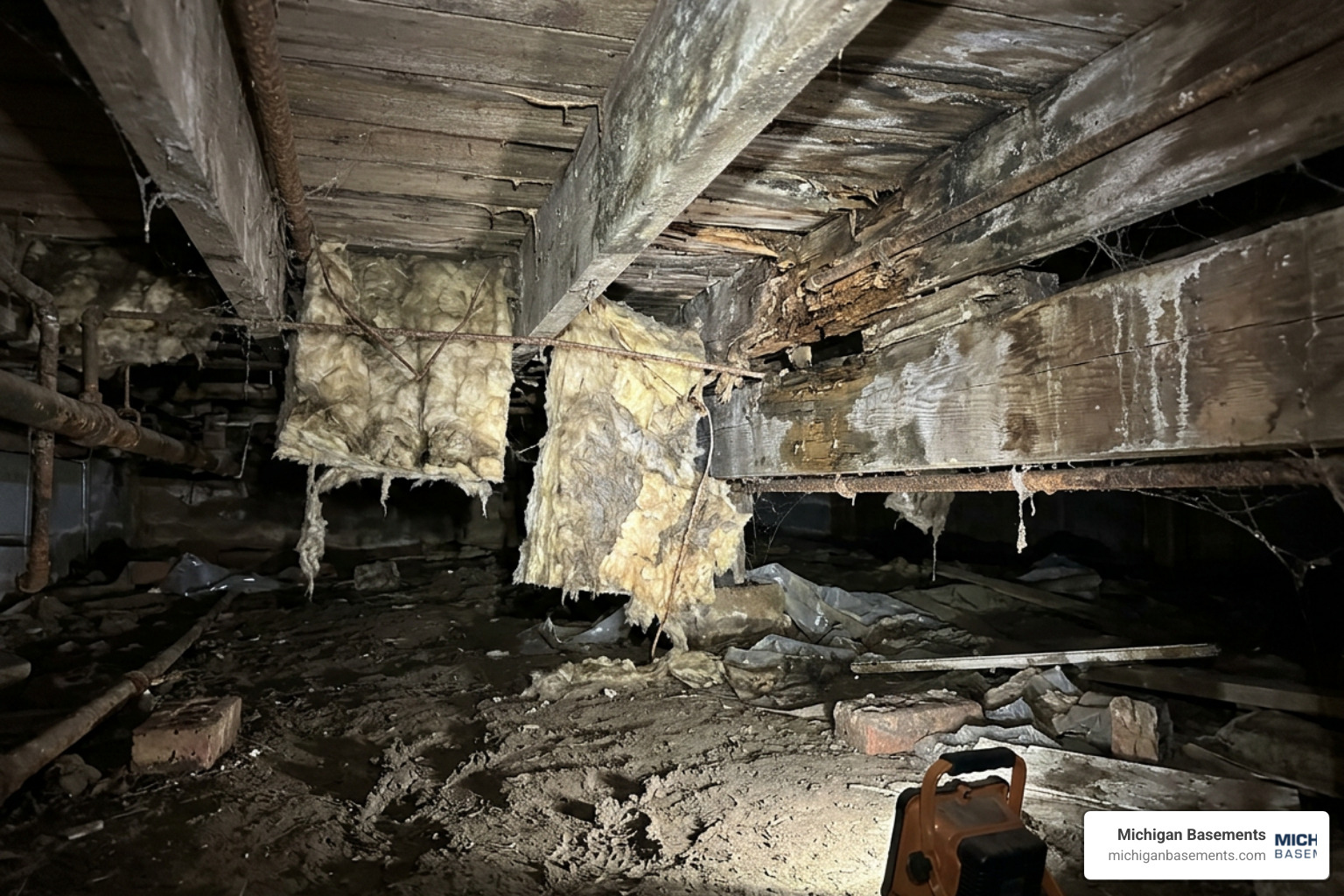 sagging floor joists with moisture damage in a dirt crawl space sagging floor joists with moisture damage in a dirt crawl space