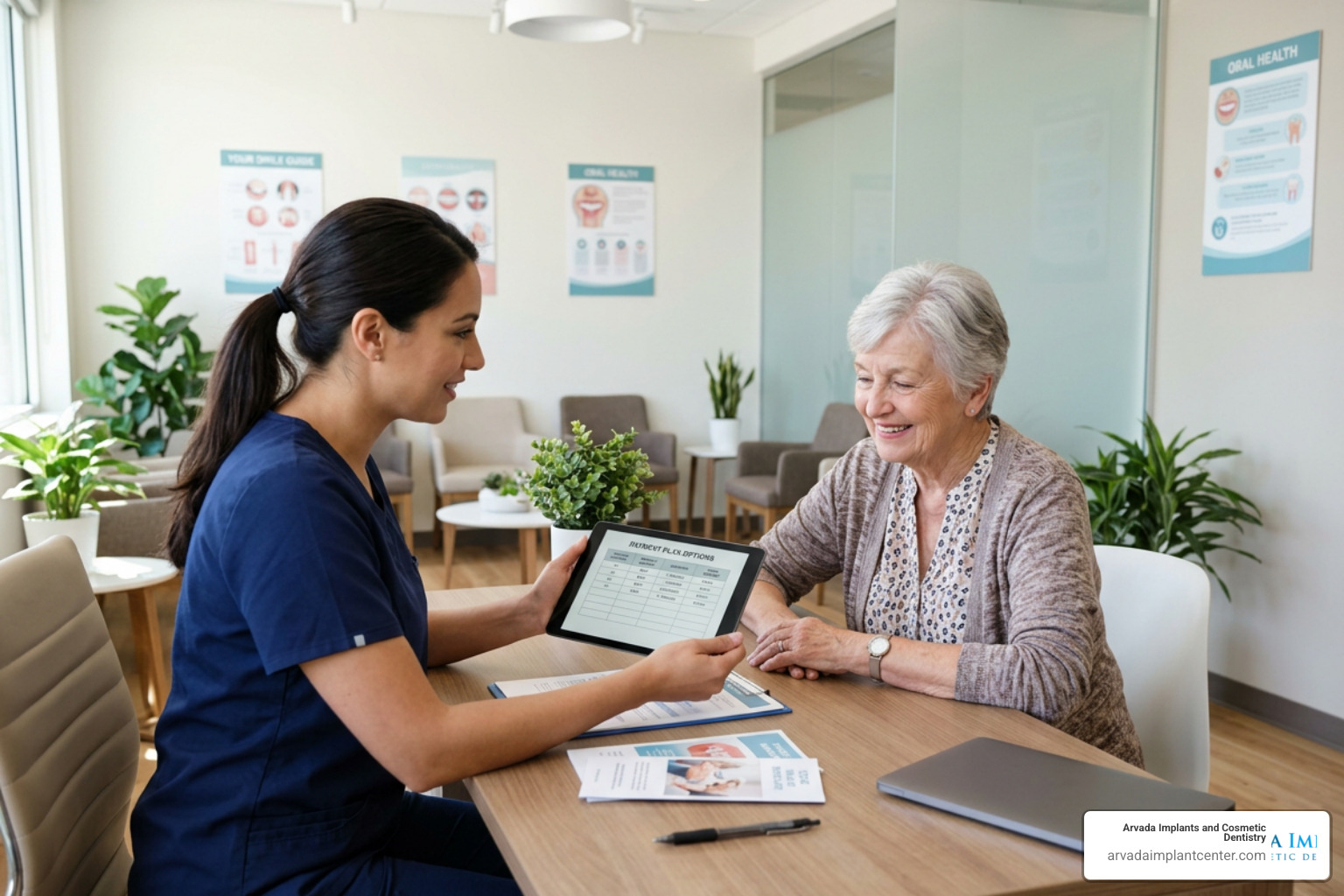 patient discussing budget-friendly denture financing options with a dental coordinator