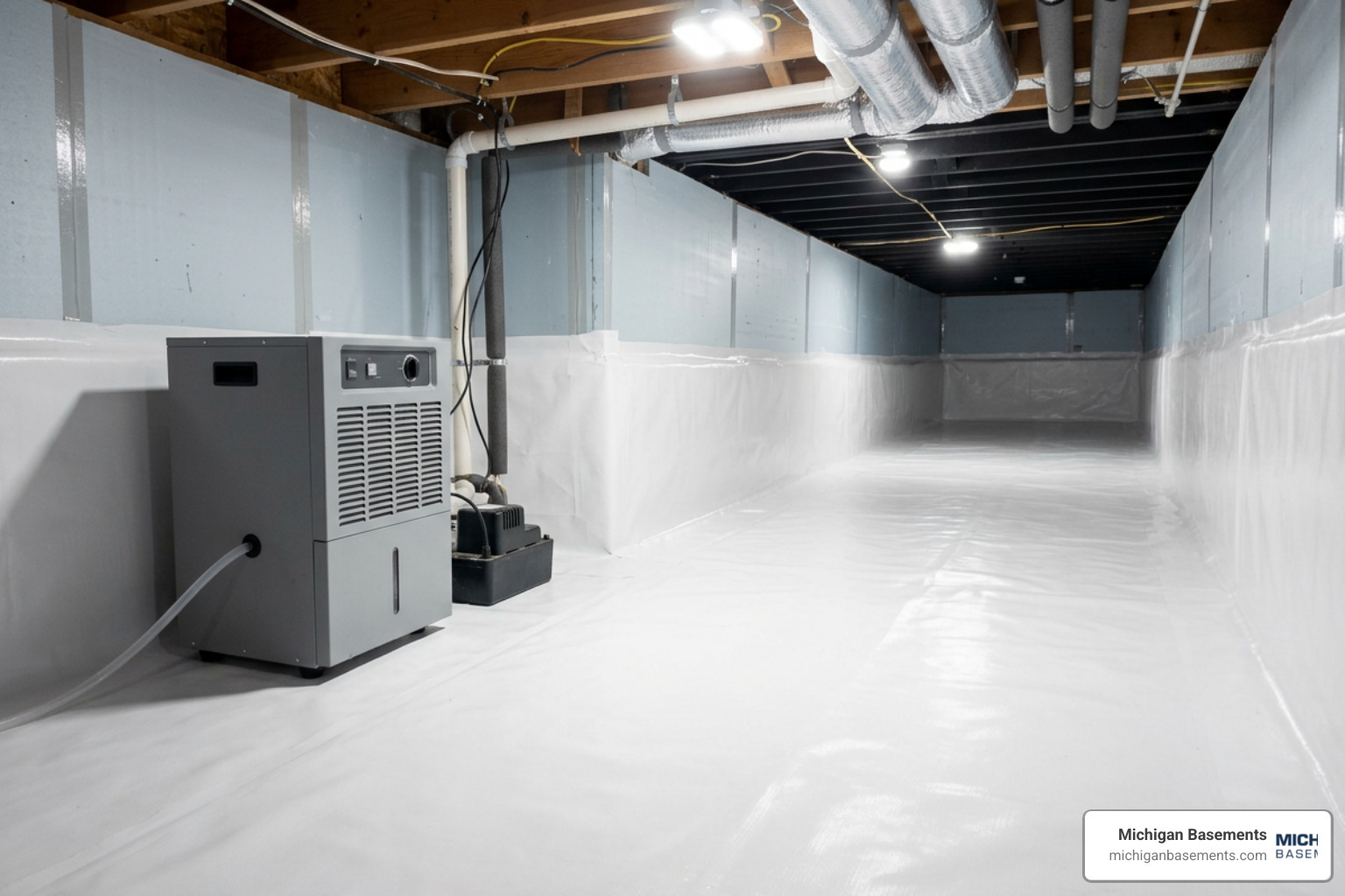 properly sealed and encapsulated crawl space with a clean white vapor barrier properly sealed and encapsulated crawl space with a clean white vapor barrier