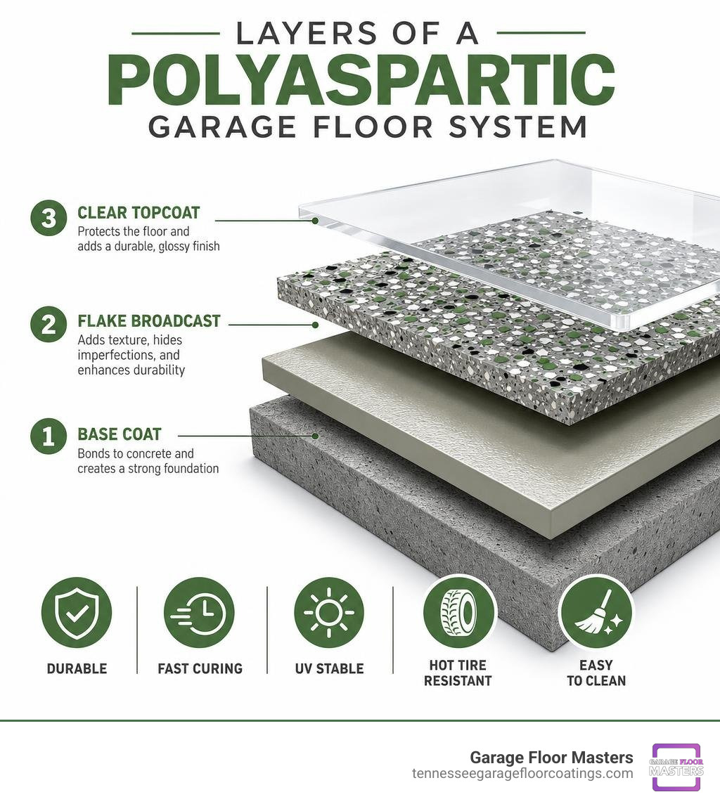 layers of a polyaspartic garage floor system showing base coat, flake broadcast, and clear topcoat infographic layers of a polyaspartic garage floor system showing base coat, flake broadcast, and clear topcoat infographic