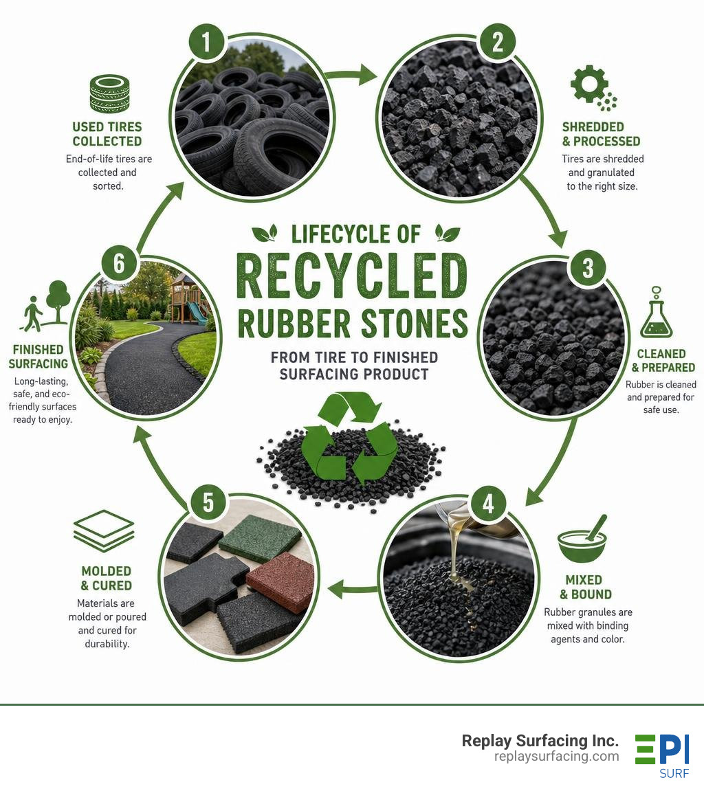 Lifecycle of recycled rubber stones from tire to finished surfacing product infographic