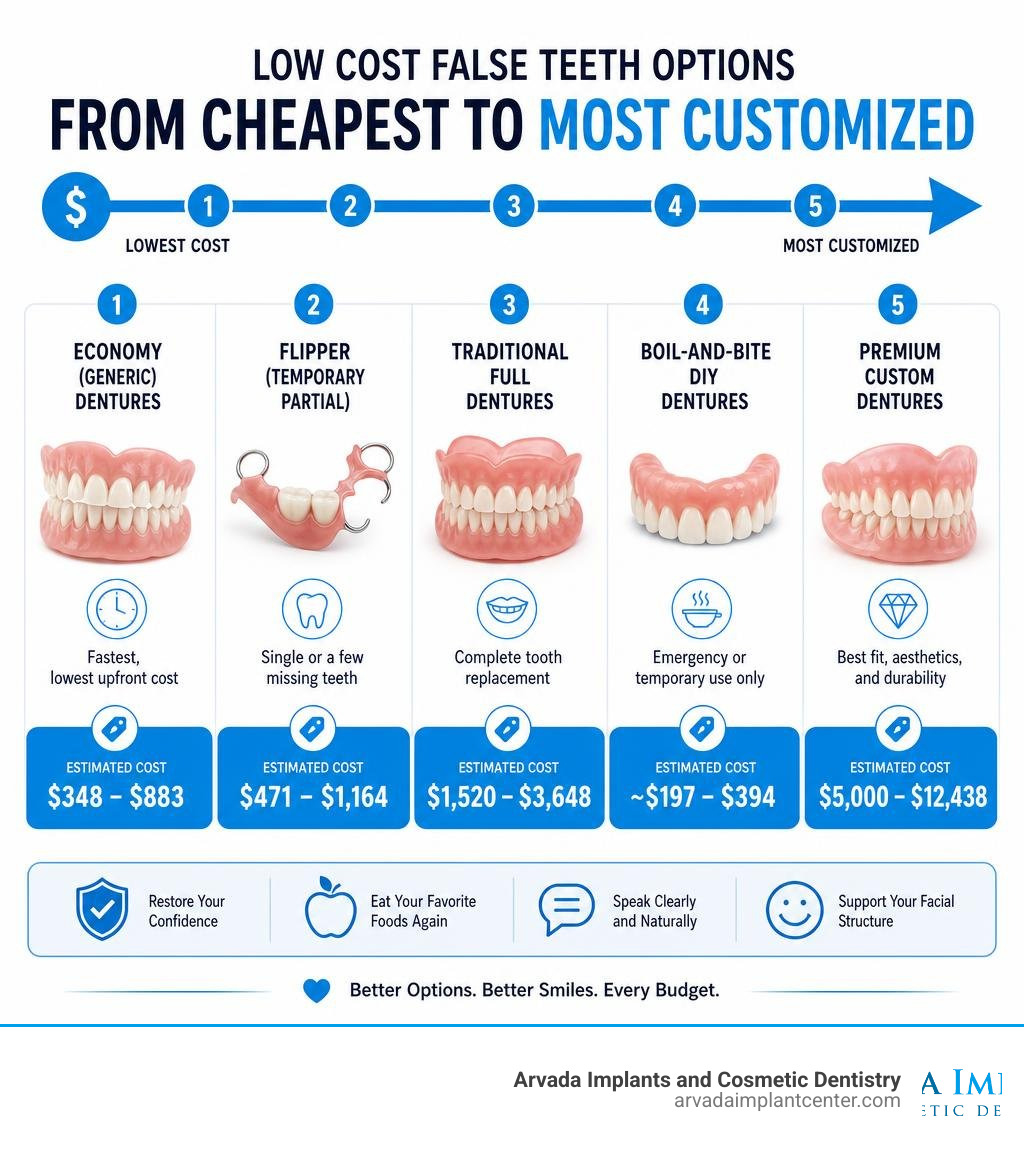 infographic showing low cost false teeth options from cheapest to most customized with cost ranges infographic