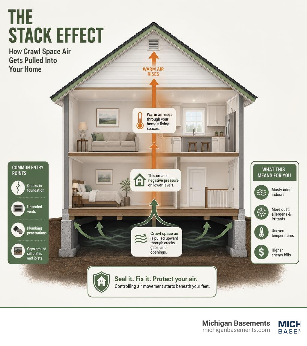 infographic showing the stack effect pulling crawl space air into home living areas infographic infographic showing the stack effect pulling crawl space air into home living areas infographic