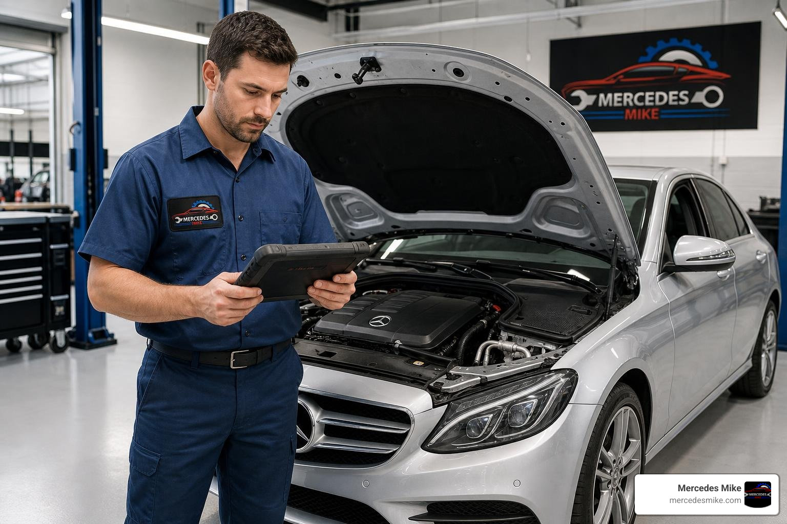 Mercedes-Benz technician performing scheduled maintenance