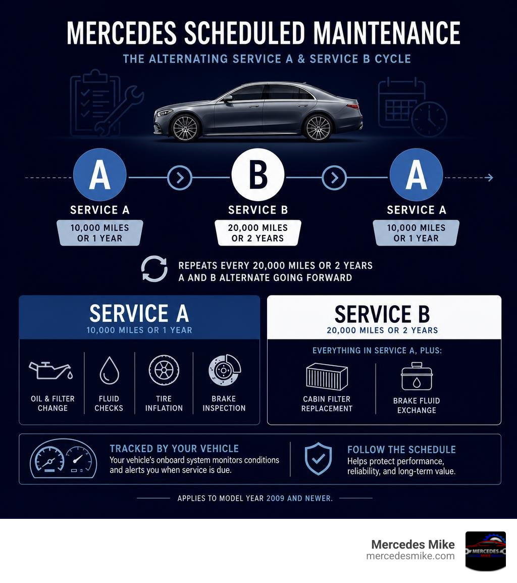 Infographic showing alternating Mercedes Service A and Service B schedule with intervals and tasks infographic