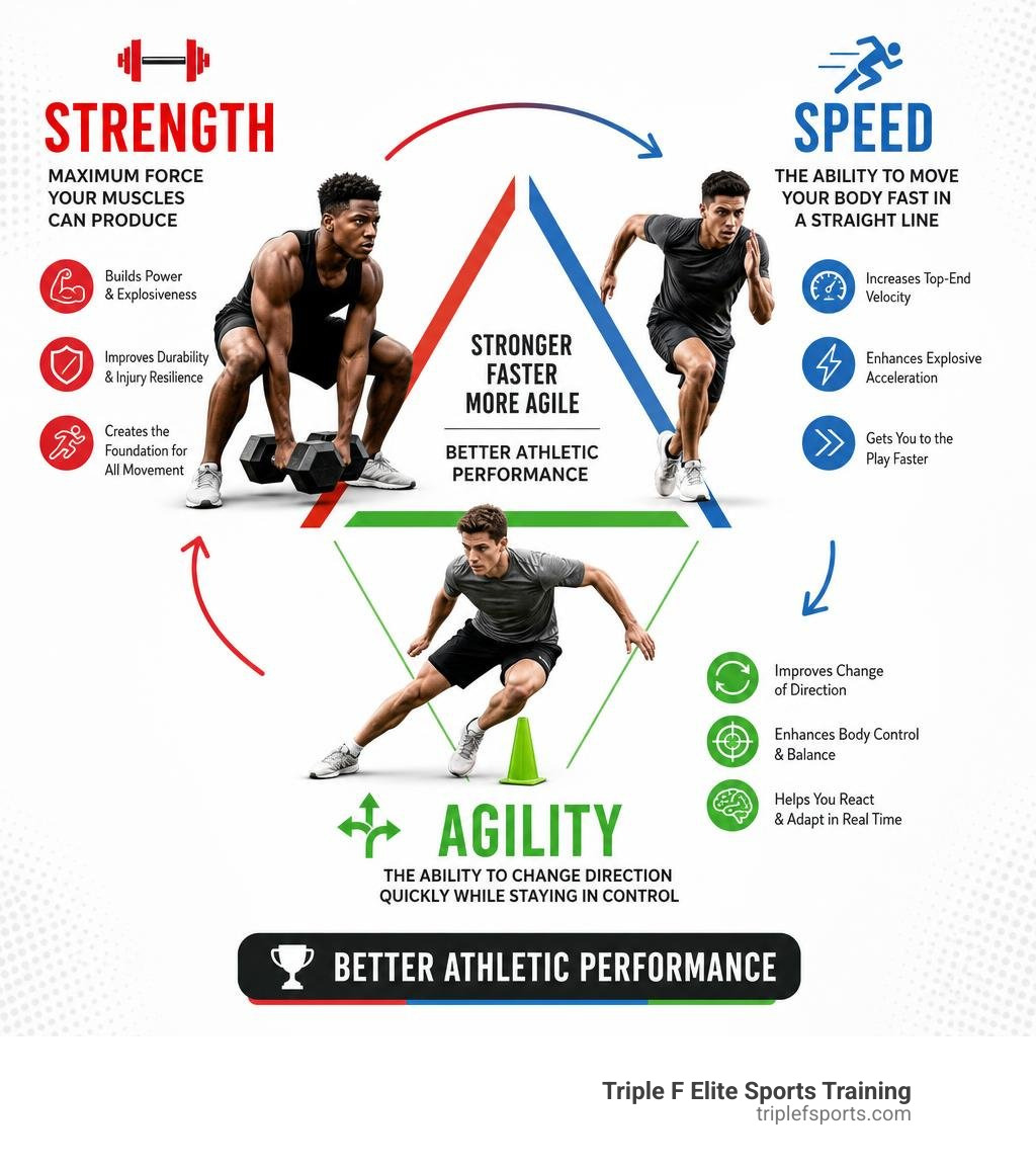 Infographic showing the connection between speed, strength, and agility in athletic performance infographic Infographic showing the connection between speed, strength, and agility in athletic performance infographic