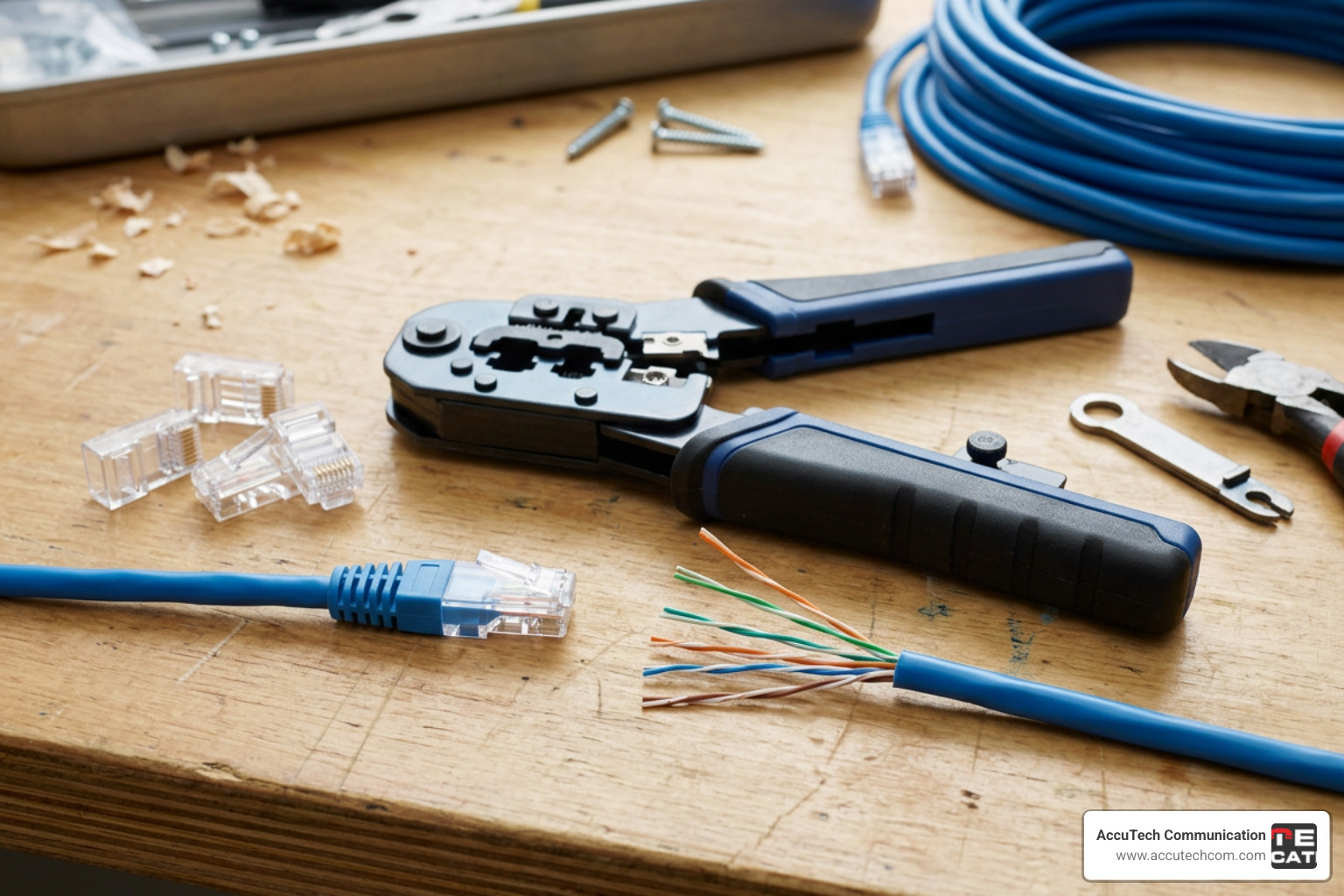 RJ45 crimping tool and connectors for network cable termination
