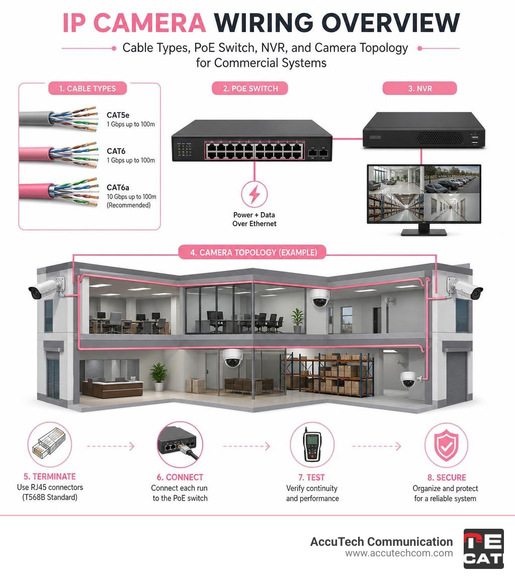 IP camera wiring overview: cable types, PoE switch, NVR, and camera topology for commercial systems infographic