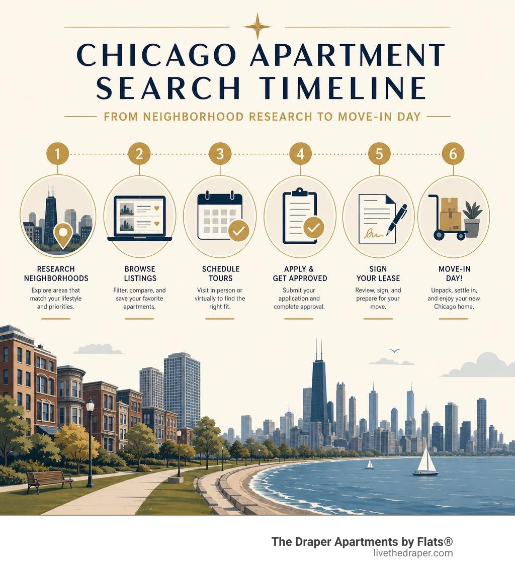 Chicago apartment search timeline from neighborhood research to move-in day infographic
