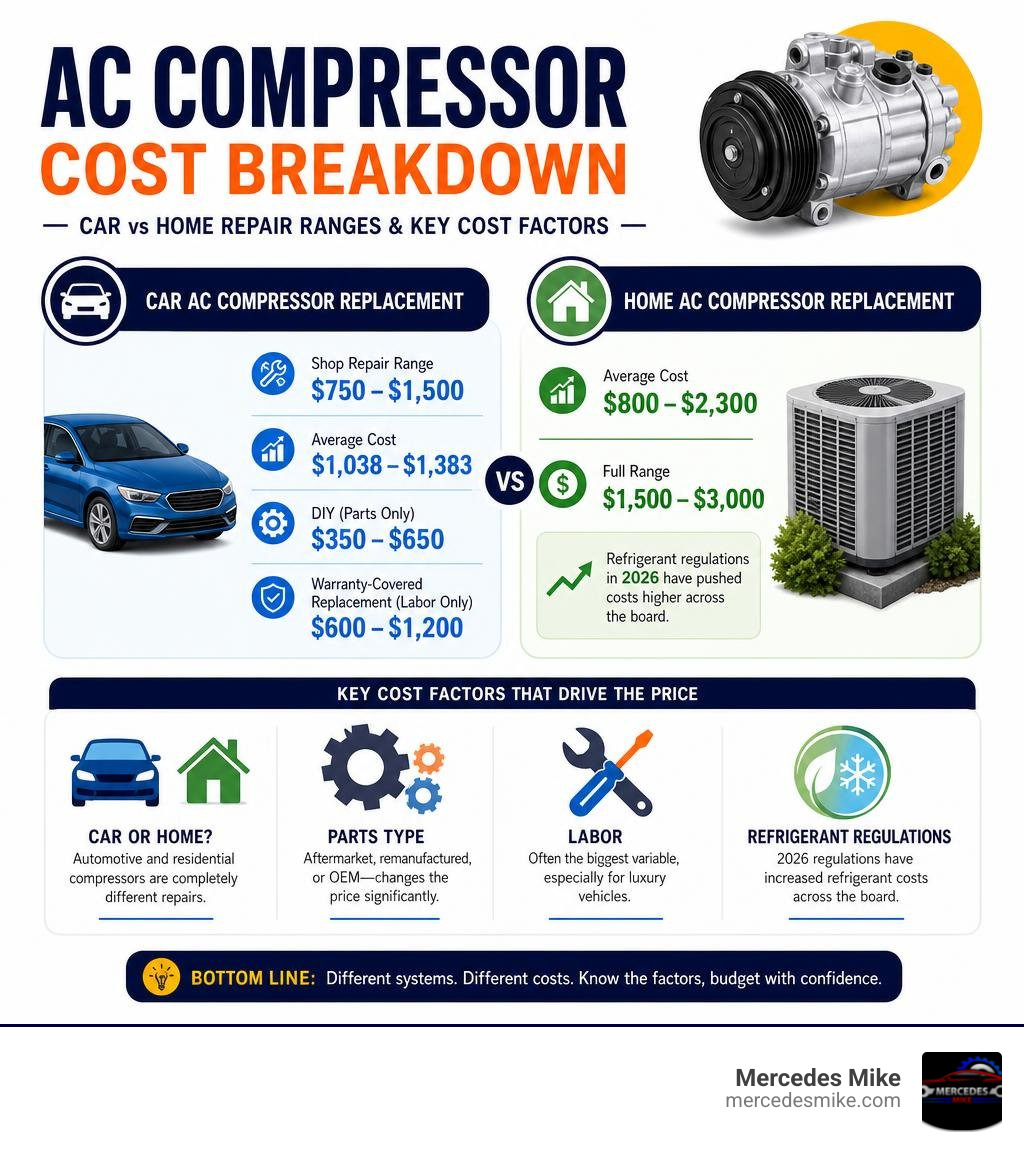 AC compressor cost breakdown infographic with car vs home repair ranges and key cost factors infographic AC compressor cost breakdown infographic with car vs home repair ranges and key cost factors infographic