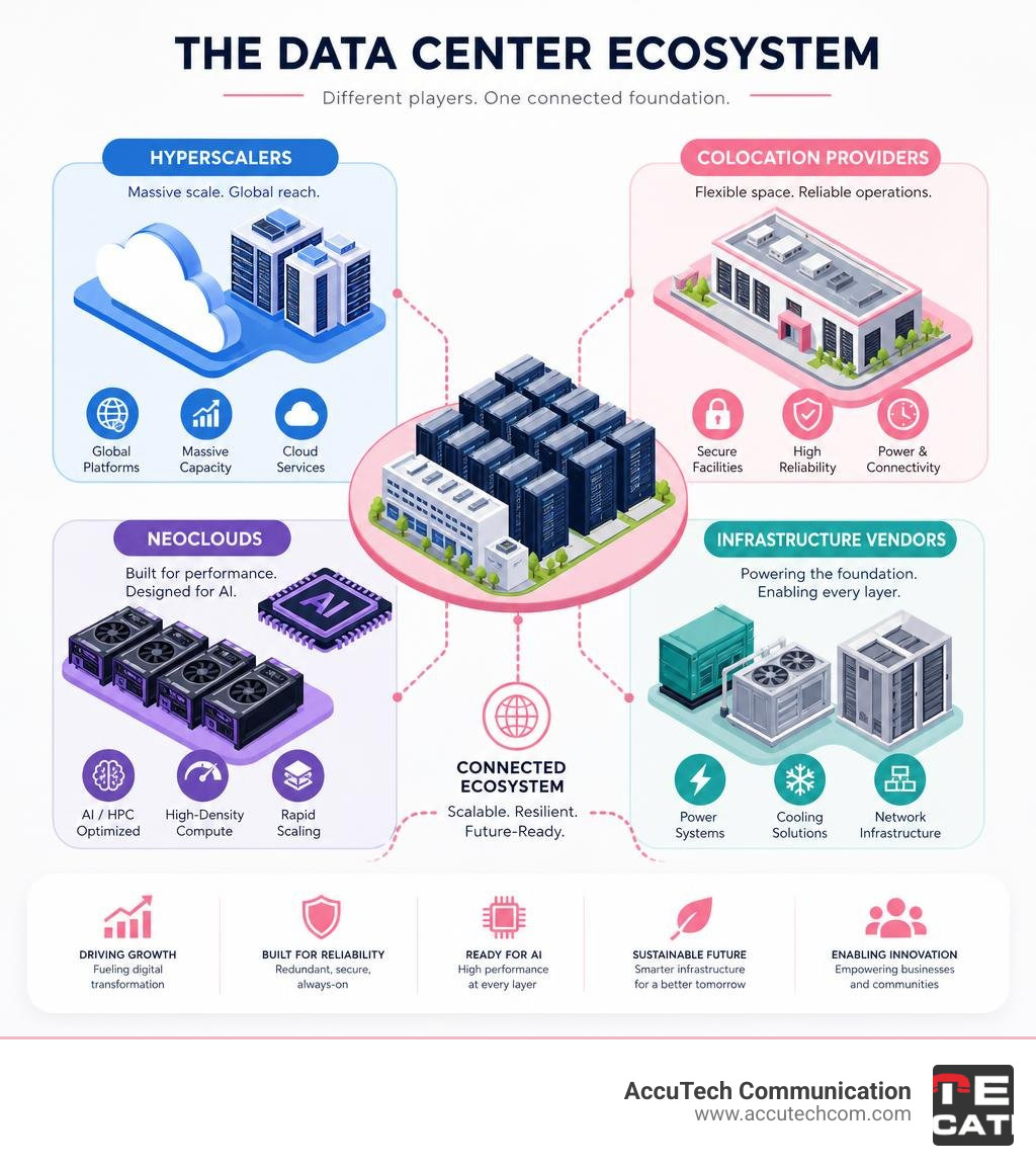 Overview of the data center ecosystem: hyperscalers, colocation providers, neoclouds, and infrastructure vendors infographic