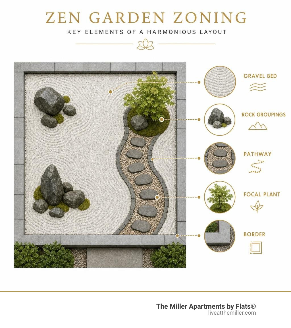 Infographic showing basic Zen garden zoning: gravel bed, rock groupings, pathway, focal plant, and border infographic Infographic showing basic Zen garden zoning: gravel bed, rock groupings, pathway, focal plant, and border infographic