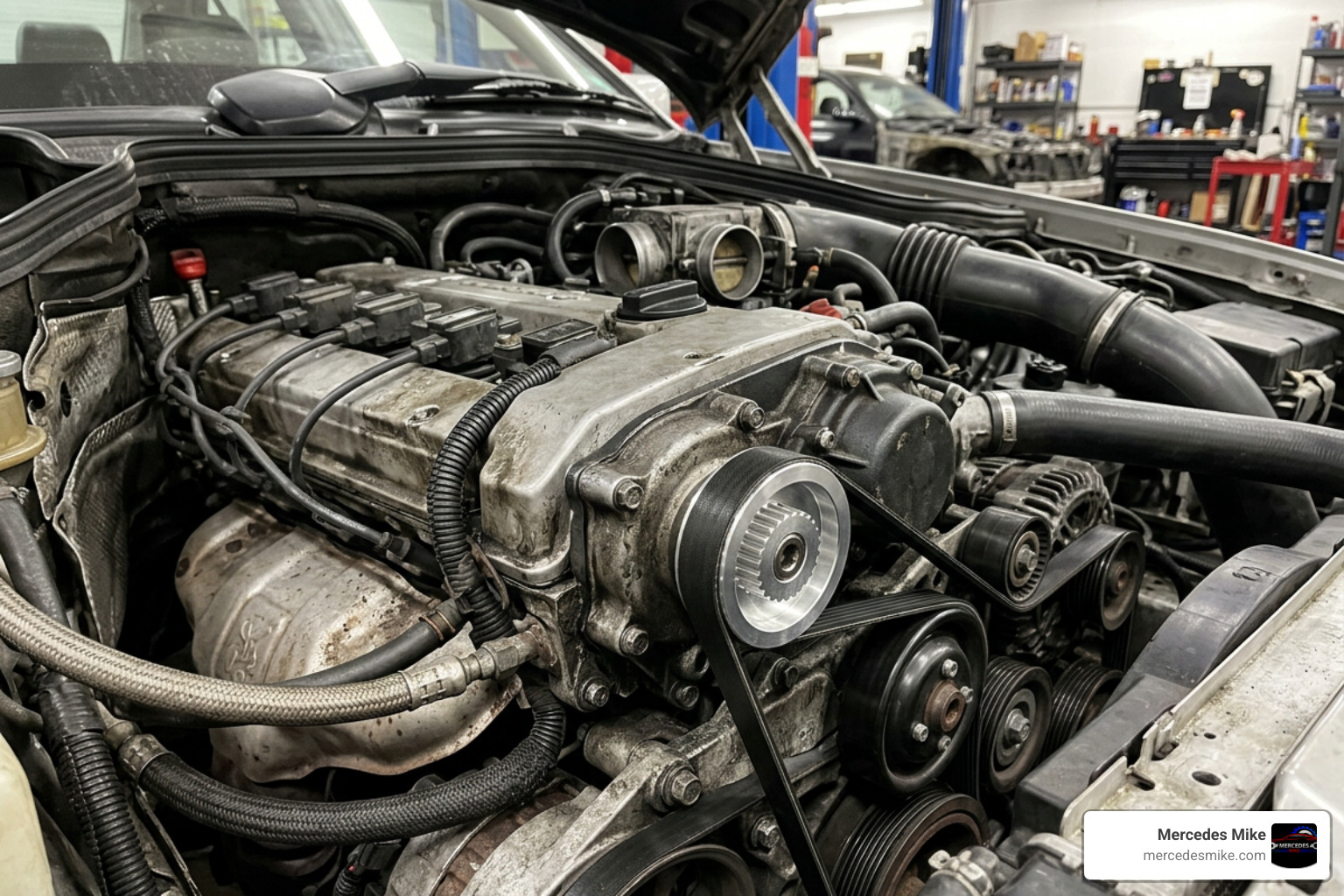 Supercharger pulley upgrade on a Mercedes-Benz M111 engine