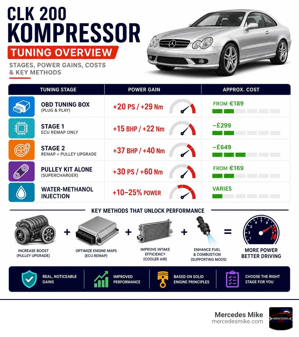 CLK 200 Kompressor tuning stages, power gains, costs, and key methods overview infographic