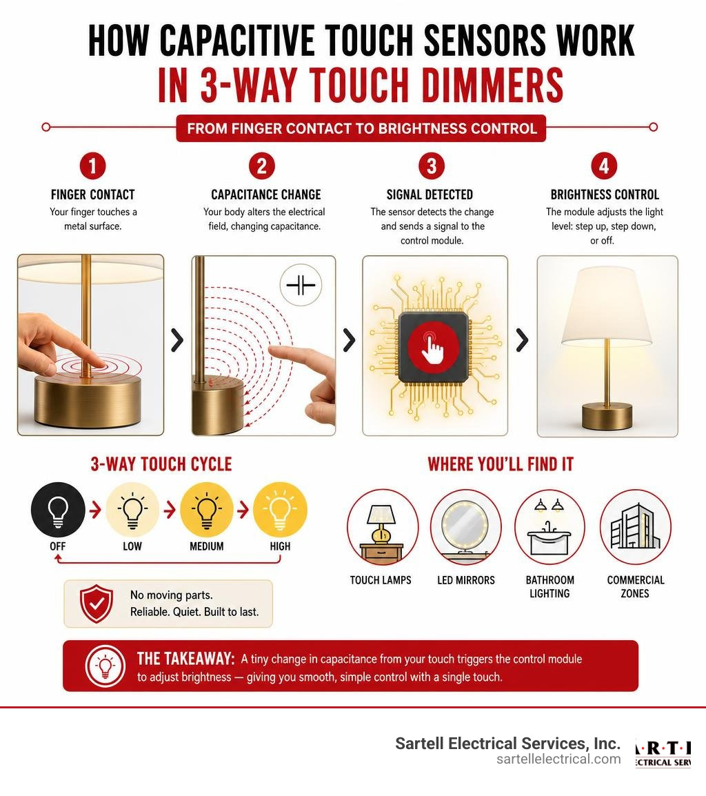 How capacitive touch sensors work in 3-way touch dimmers — from finger contact to brightness control infographic How capacitive touch sensors work in 3-way touch dimmers — from finger contact to brightness control infographic