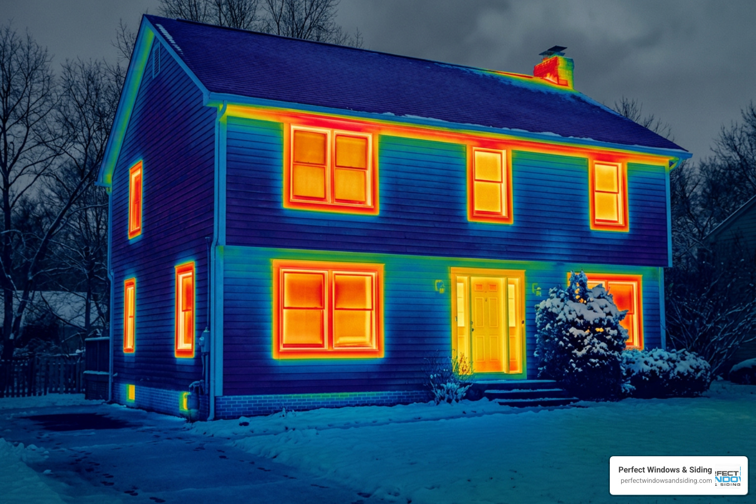 Thermal imaging showing heat loss around drafty window frames Thermal imaging showing heat loss around drafty window frames