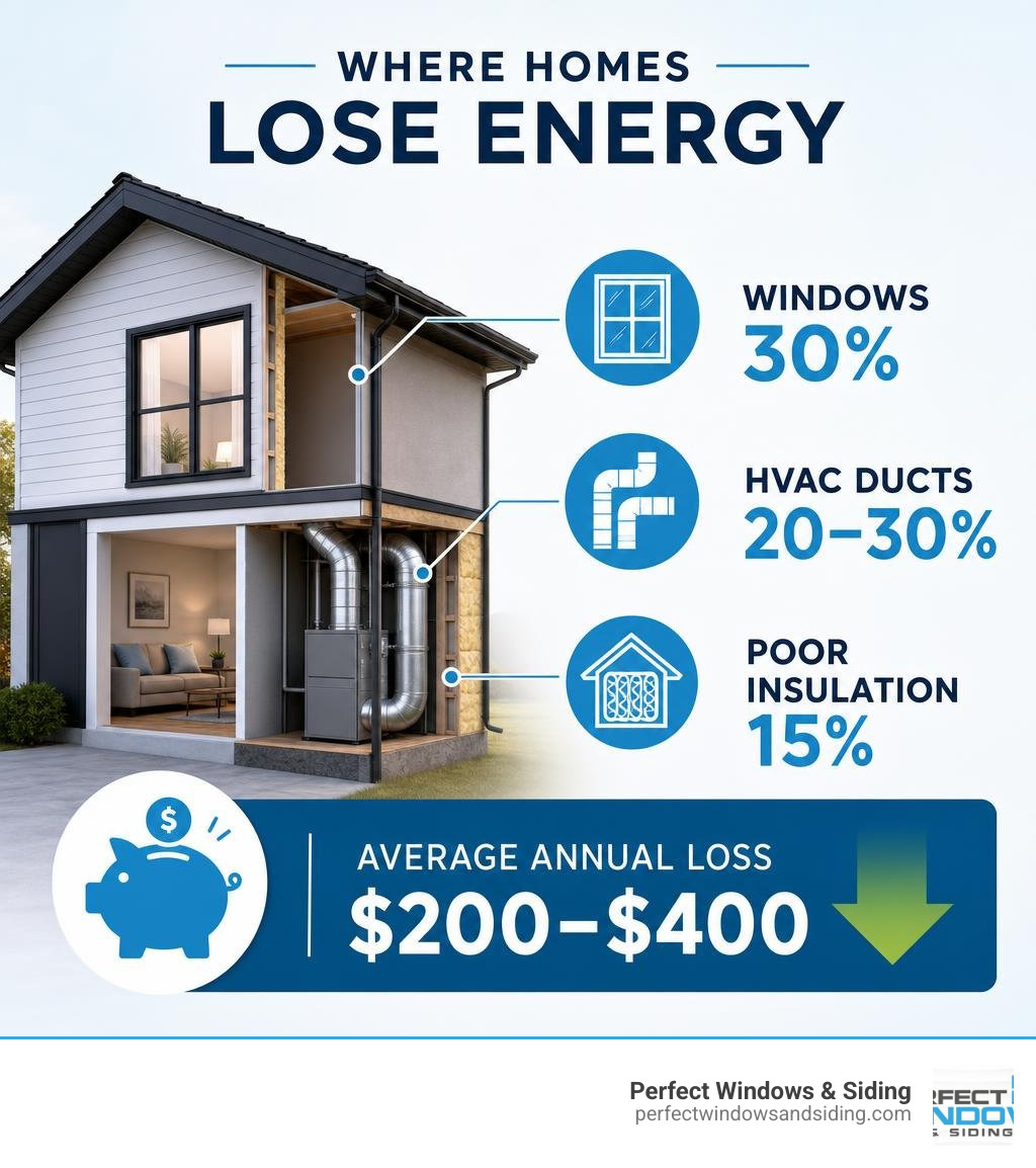 Infographic showing where homes lose energy: windows 30%, HVAC ducts 20-30%, poor insulation 15%, and average annual loss Infographic showing where homes lose energy: windows 30%, HVAC ducts 20-30%, poor insulation 15%, and average annual loss