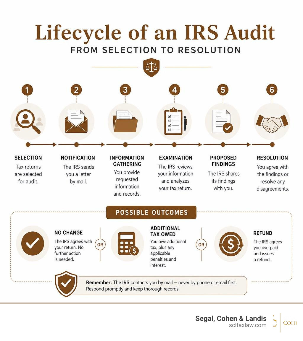 Lifecycle of an IRS audit from selection to resolution with key stages and outcomes infographic