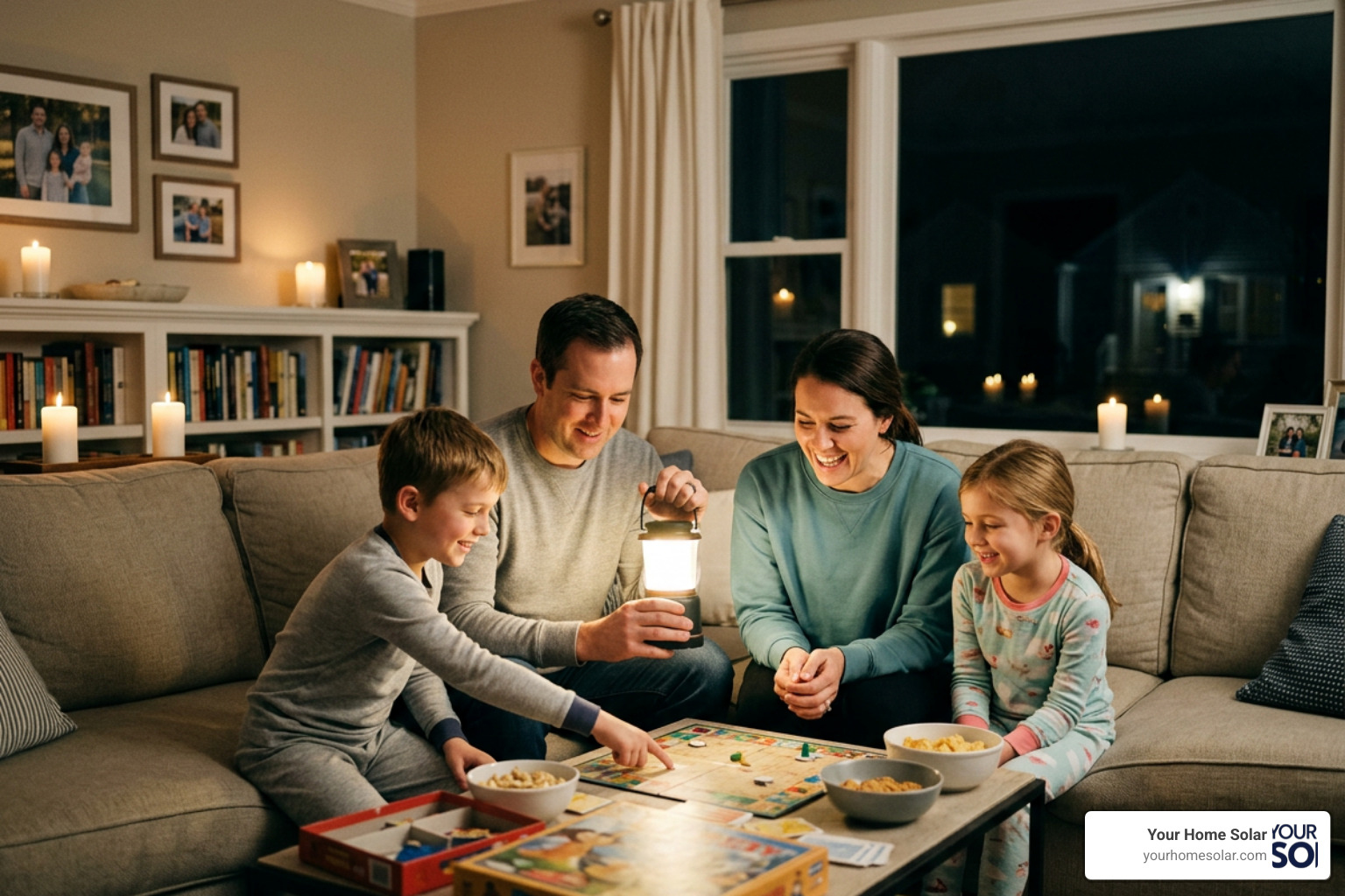 Happy family in a brightly lit living room during a neighborhood power outage Happy family in a brightly lit living room during a neighborhood power outage