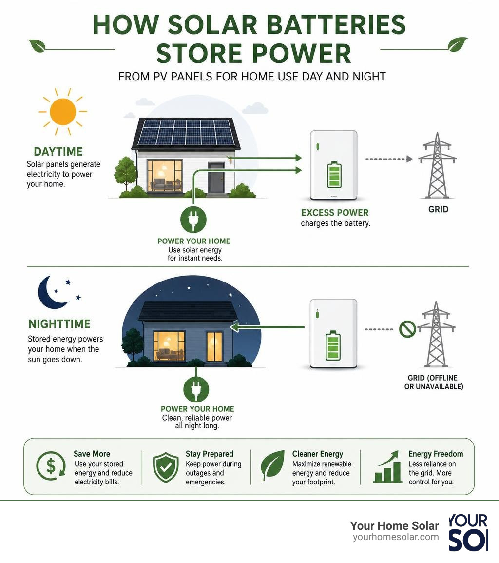 How solar batteries store power from PV panels for home use day and night infographic How solar batteries store power from PV panels for home use day and night infographic