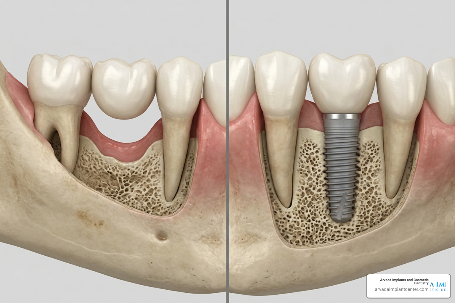jawbone health and density comparison under a bridge versus an implant