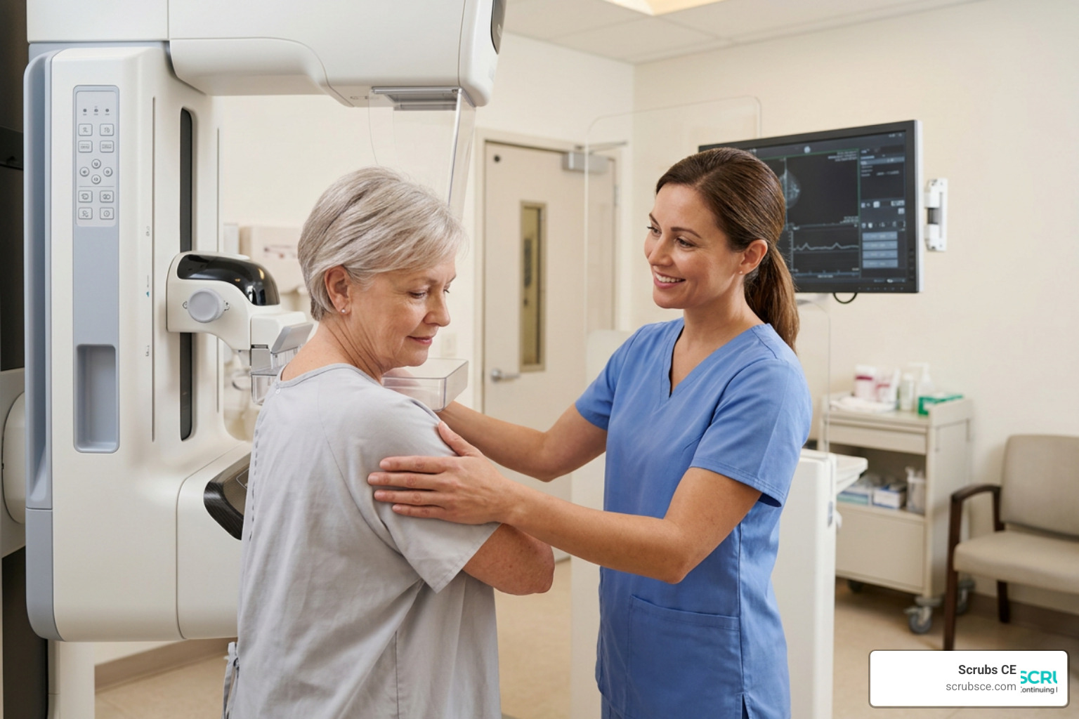 A technologist preparing a patient for a mammogram A technologist preparing a patient for a mammogram