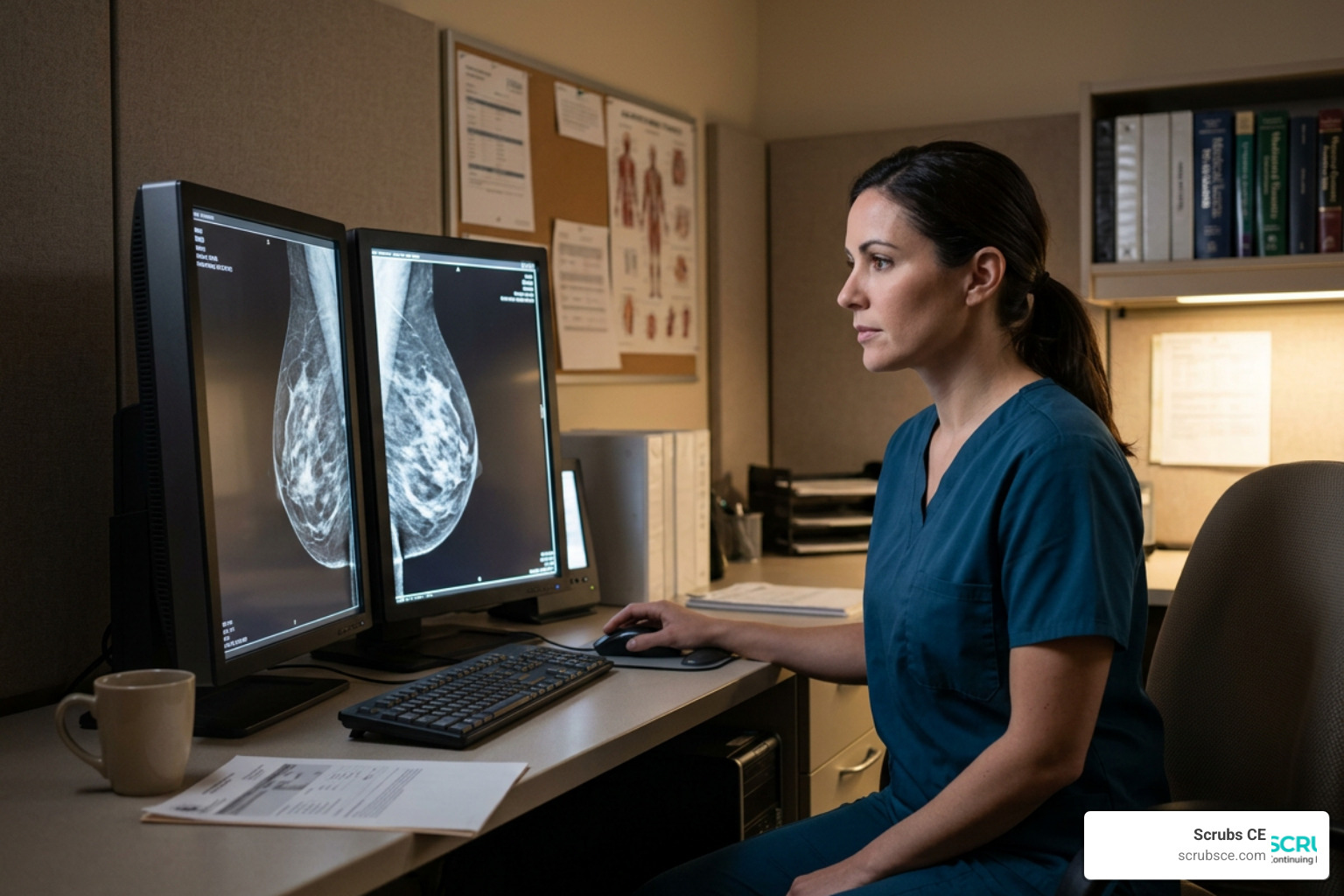 A mammography technologist reviewing digital mammograms on high-resolution monitors A mammography technologist reviewing digital mammograms on high-resolution monitors