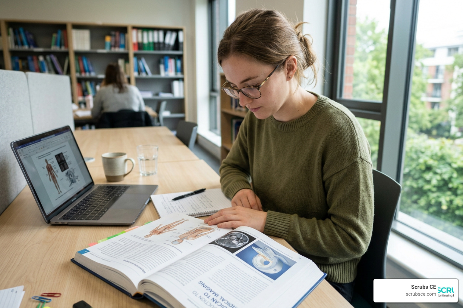 Student studying medical imaging textbooks Student studying medical imaging textbooks