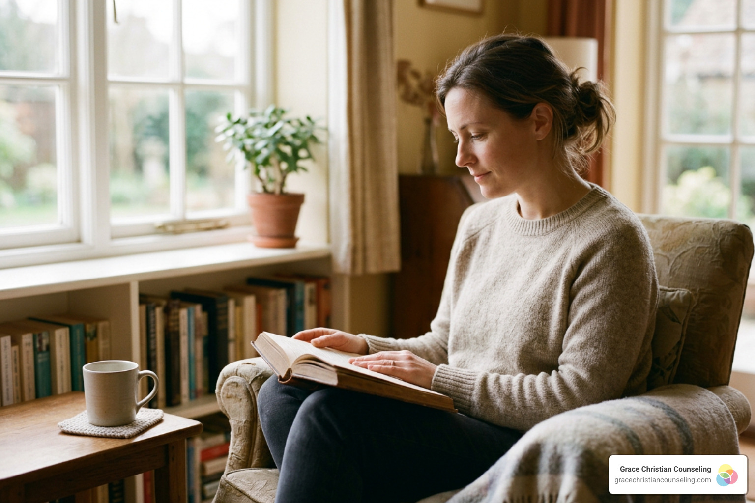 A person reflecting quietly by a window with an open Bible