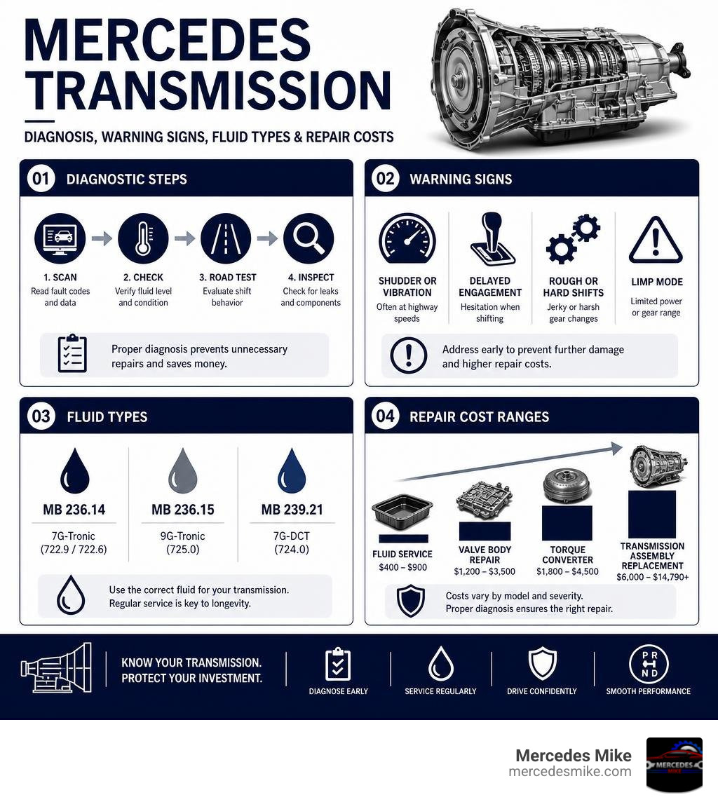 Mercedes transmission diagnostic steps, warning signs, fluid types, and repair cost ranges infographic Mercedes transmission diagnostic steps, warning signs, fluid types, and repair cost ranges infographic