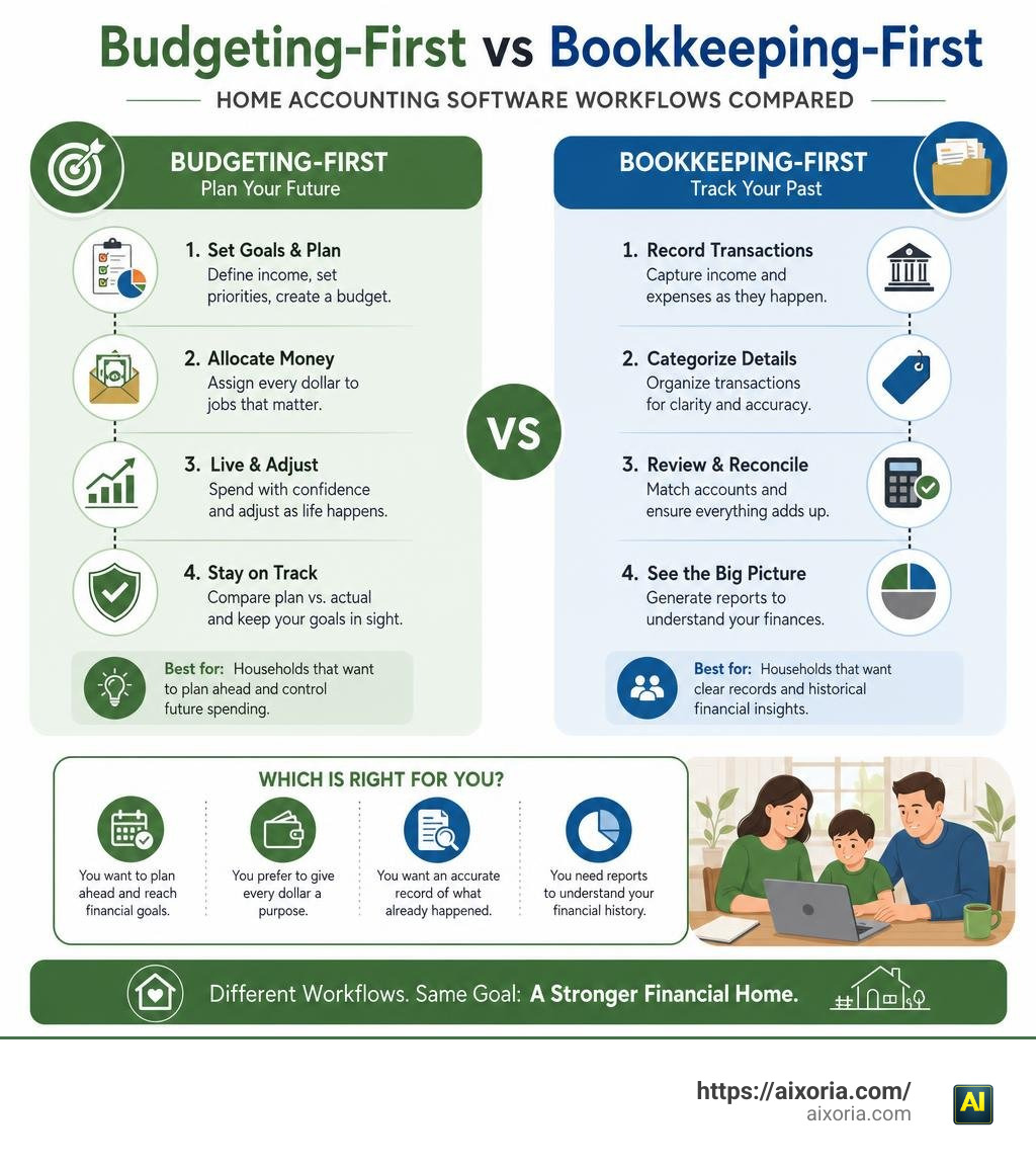 Budgeting-first vs bookkeeping-first home accounting software workflows comparison infographic infographic