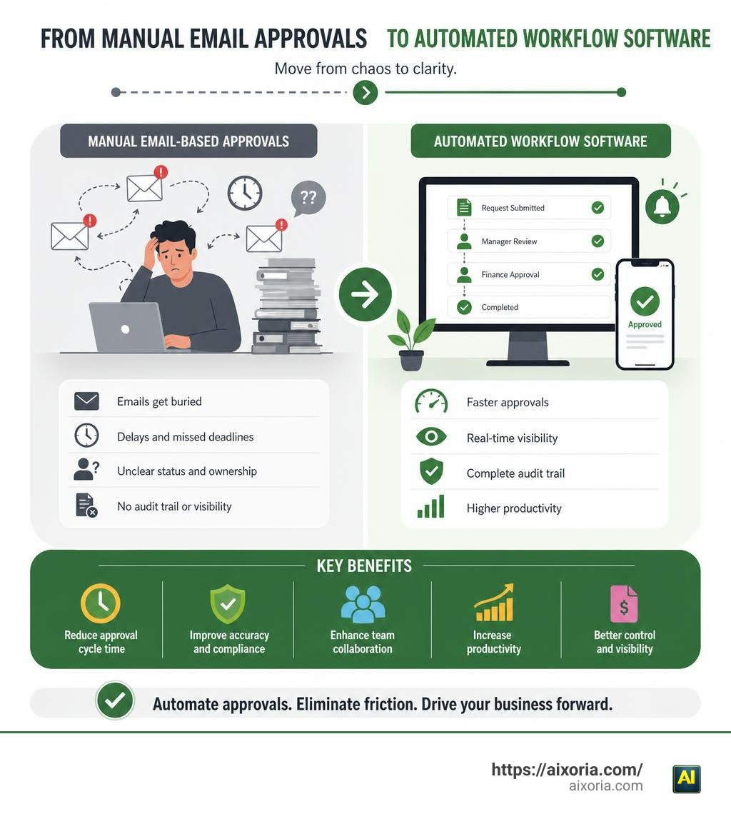 Infographic showing transition from manual email-based approvals to automated workflow software with key benefits infographic