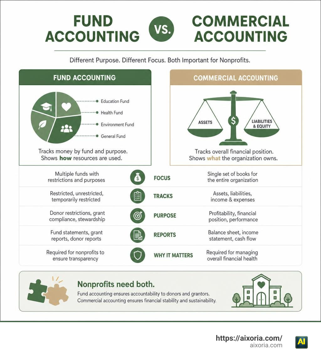 Comparison of fund accounting vs commercial accounting for nonprofits infographic