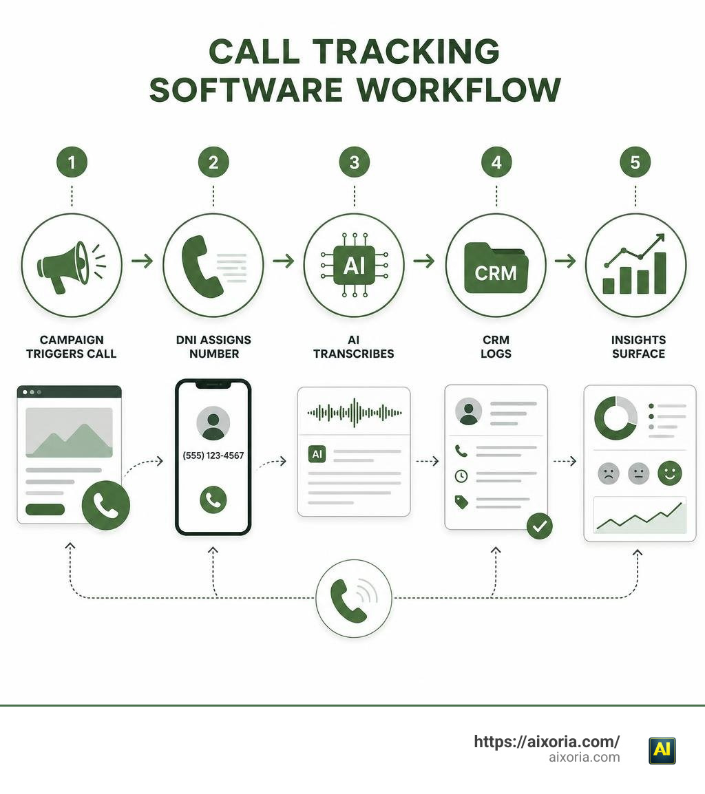 call tracking software workflow: campaign triggers call, DNI assigns number, AI transcribes, CRM logs, insights surface