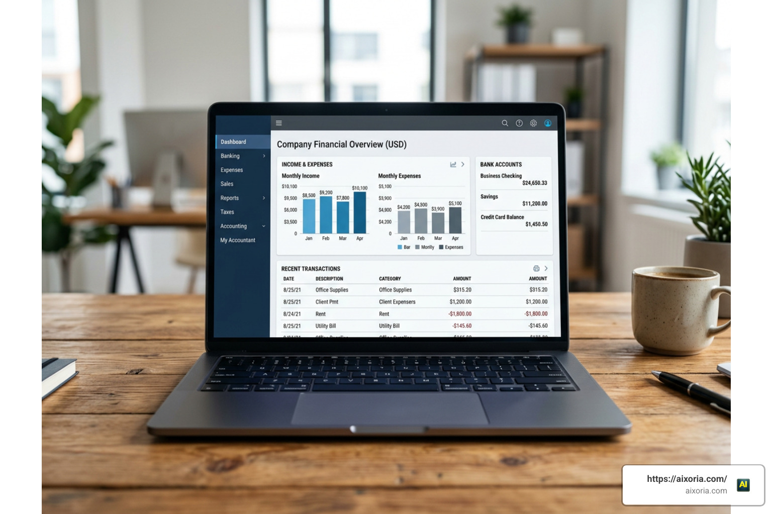 QuickBooks software interface showing financial tracking tools