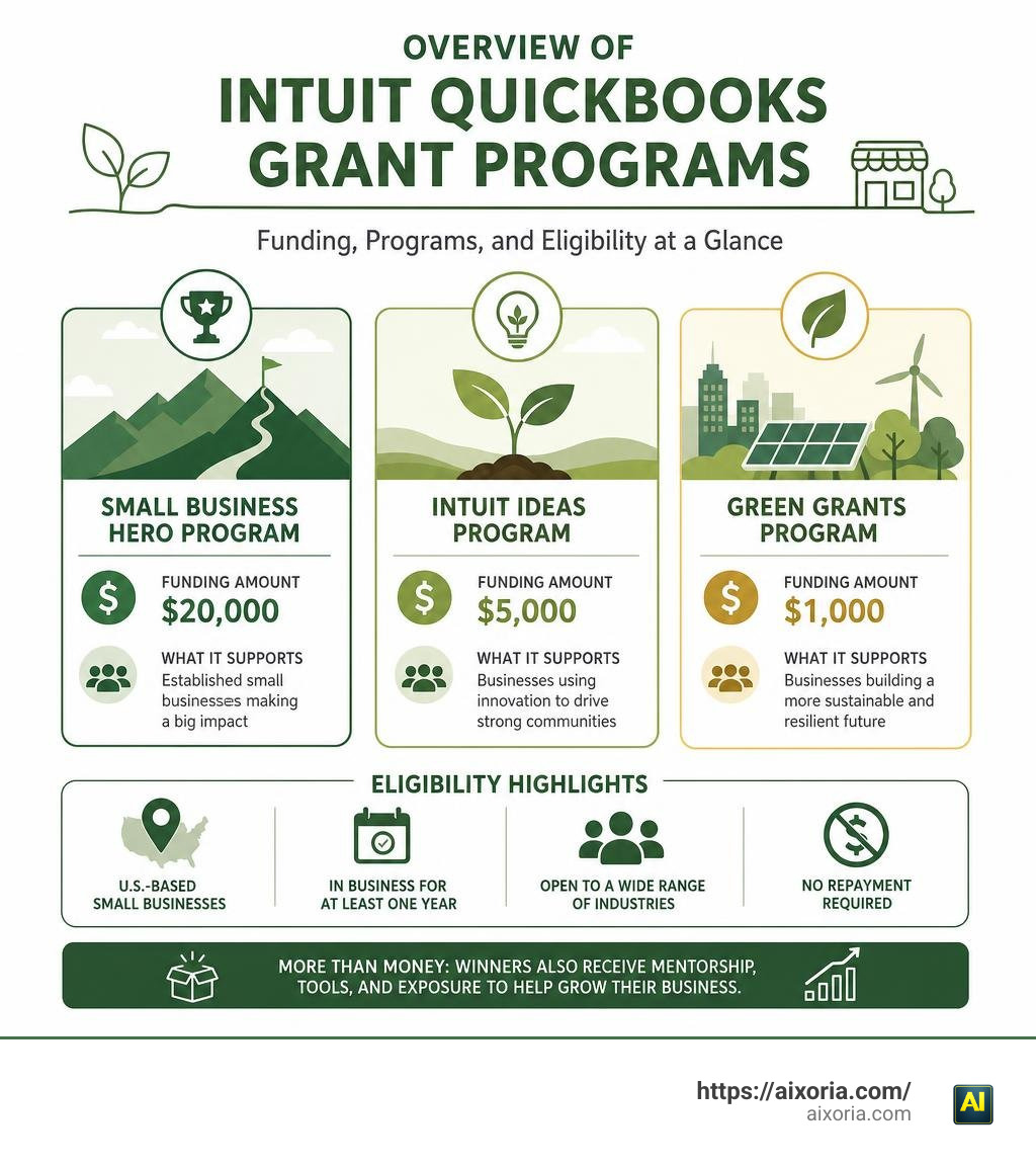 Overview infographic of Intuit QuickBooks grant programs: funding amounts, program names, and eligibility highlights