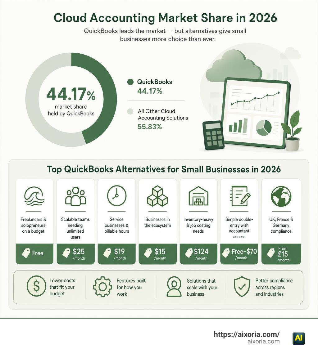 Comparison of cloud accounting market share and top QuickBooks alternatives for small businesses in 2026 infographic