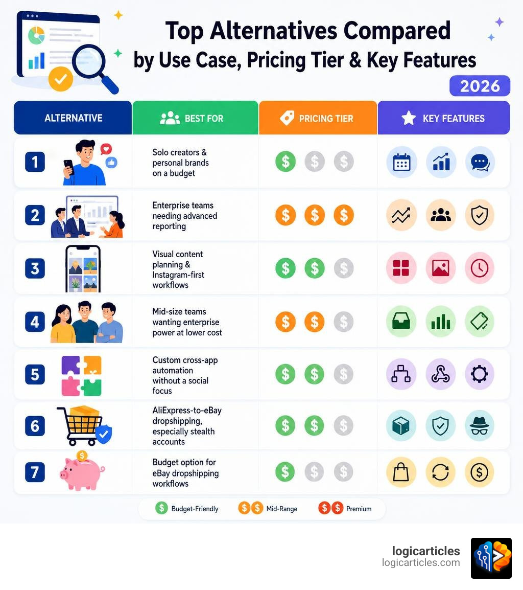 Top AlienSync alternatives compared by use case, pricing tier, and key features for 2026 infographic Top AlienSync alternatives compared by use case, pricing tier, and key features for 2026 infographic