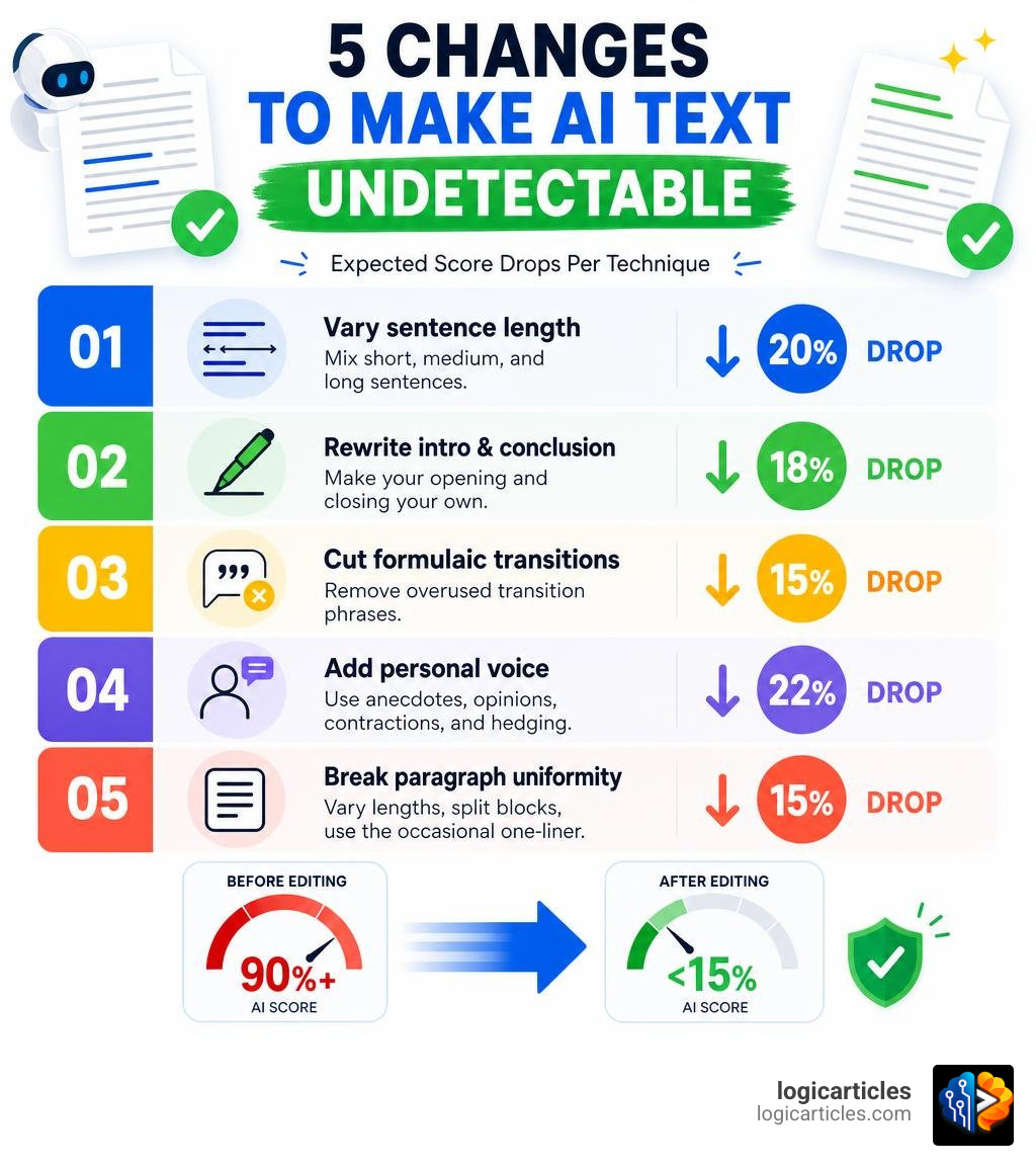 5 changes to make AI text undetectable with expected score drops per technique infographic 5 changes to make AI text undetectable with expected score drops per technique infographic