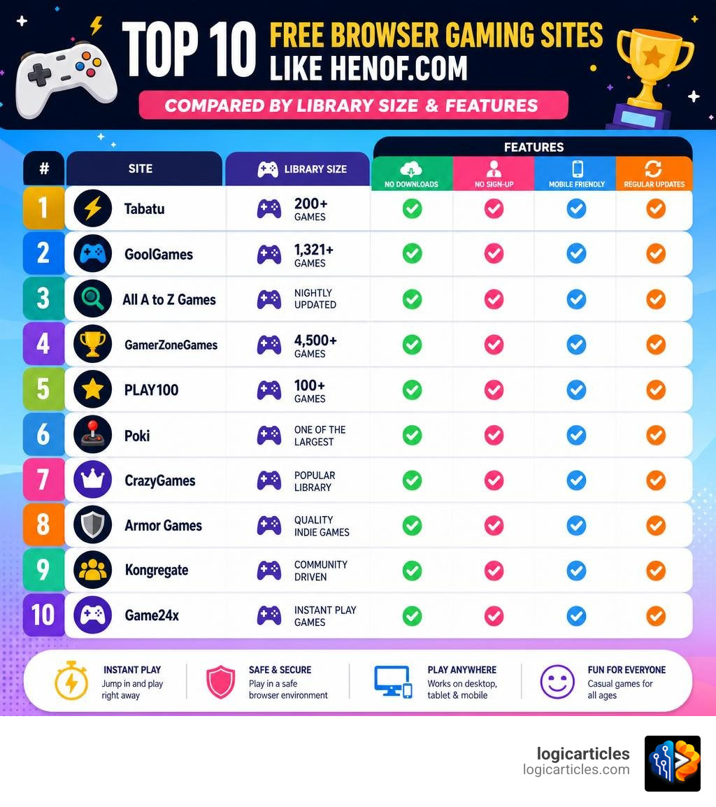 Top 10 free browser gaming sites like Henof.com compared by library size and features infographic Top 10 free browser gaming sites like Henof.com compared by library size and features infographic